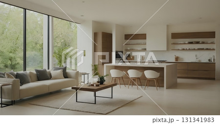 Modern interior design features a luxurious open-plan living room with kitchen, elegant furniture, wooden floors, and large windows. Modern interior design features a luxurious open-plan living room with kitchen, elegant furniture, wooden floors, and large windows. 131341983