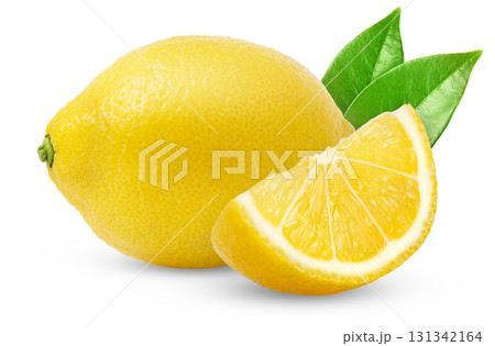 Lemon fruit and cut in a slice with green leaf isolated. 131342164