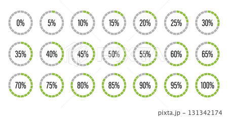 Green and gray color fill pie charts indicator template. Circle graph loading progress set. Percentage infographics elements. Round diagrams icons for infographics from 0 to 100 percent. Green and gray color fill pie charts indicator template. Circle graph loading progress set. Percentage infographics elements. Round diagrams icons for infographics from 0 to 100 percent. 131342174