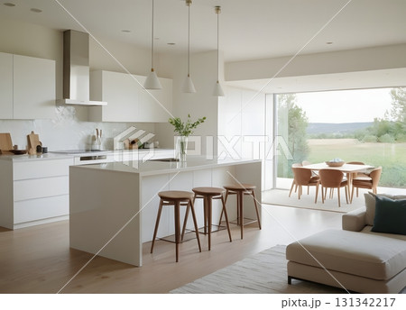 Modern interior design features a luxurious open-plan living room with kitchen, elegant furniture, wooden floors, and large windows.	 131342217