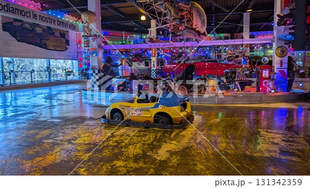 屋内アミューズメントでゴーカートを楽しむ人の後ろ姿 131342359