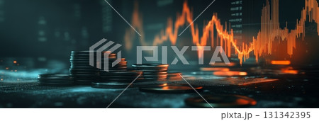 Stacks of coins are placed on a dark surface with a digital stock market graph in the background, indicating declining value and potential financial crisis Stacks of coins are placed on a dark surface with a digital stock market graph in the background, indicating declining value and potential financial crisis 131342395