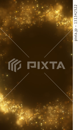 Glittering golden bokeh particles forming a luminous frame around a dark central space 131342522