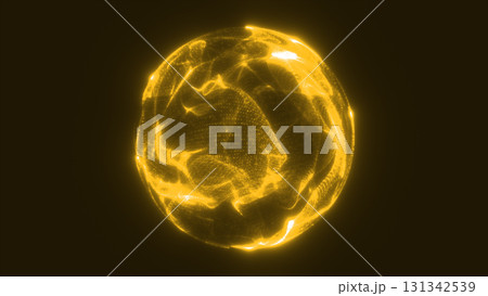 Futuristic glowing yellow sphere with particle energy waves, abstract radiant orb on dark backdrop Futuristic glowing yellow sphere with particle energy waves, abstract radiant orb on dark backdrop 131342539