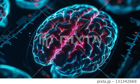 Medical scan highlighting activity in specific areas of human brain, potentially indicating neurological examination or research related to brain function and health Medical scan highlighting activity in specific areas of human brain, potentially indicating neurological examination or research related to brain function and health 131342669