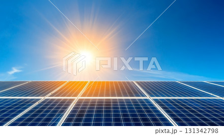 Solar panels converting sunlight into sustainable energy under a bright blue sky, representing the future of clean and renewable power generation while promoting environmental protection 131342798