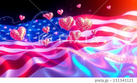 Liberty Glow Sparkle Hearts Over Flag Waves 43-4 131343121
