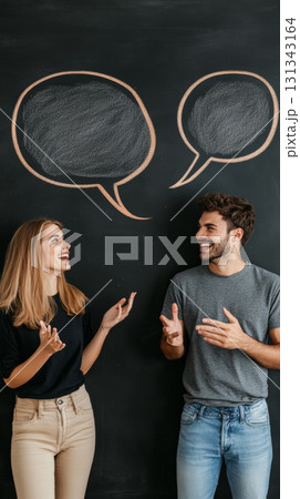 Two young professionals discussing and exchanging ideas near speech bubbles on a blackboard, representing communication and collaborative teamwork in a creative setting 131343164
