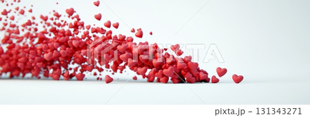 Many small red hearts flying through the air create a beautiful wave against a clean white background, ideal for celebrating valentine's day, women's day, or the joy of spring 131343271