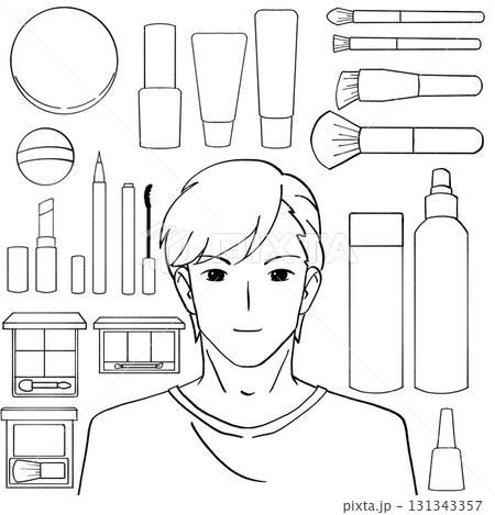 男性と化粧品の白黒イラストセット 男性と化粧品の白黒イラストセット 131343357