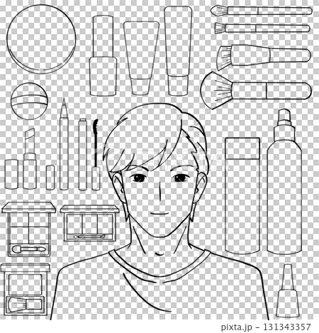 男性と化粧品の白黒イラストセット 男性と化粧品の白黒イラストセット 131343357