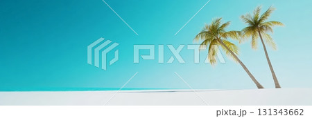 Two palm trees are growing on a white sand beach with turquoise water and clear blue sky in the background, creating a perfect tropical paradise scene Two palm trees are growing on a white sand beach with turquoise water and clear blue sky in the background, creating a perfect tropical paradise scene 131343662