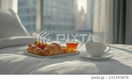 Tray filled with fresh croissants, strawberries, and sliced melon alongside tea, arranged on a cozy bed in a hotel room with a stunning city view 131343676