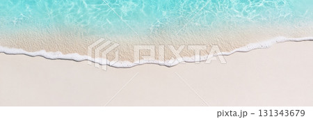 Gentle waves of turquoise ocean water lapping against a pristine white sand beach, creating an inviting atmosphere for a relaxing summer holiday in a tropical paradise Gentle waves of turquoise ocean water lapping against a pristine white sand beach, creating an inviting atmosphere for a relaxing summer holiday in a tropical paradise 131343679