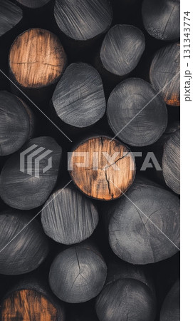 Arranged wood logs exhibit the shou sugi ban technique, showcasing charred surfaces that protect against fire and decay while creating a striking contrast of tones 131343774