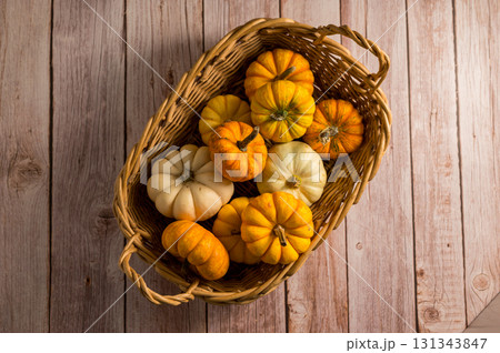 Autumn pumpkins squashes and leaves. Thanksgiving day or Halloween. Autumn background 131343847
