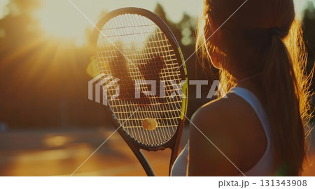 Tennis player enjoying the sunset on a clay court after a match, reflecting on a good workout and passion for the sport 131343908