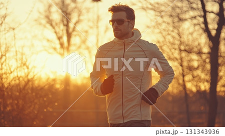 Young sportsman is jogging in a park during sunset, wearing a white jacket, black gloves and sunglasses, enjoying the golden hour light filtering through trees 131343936