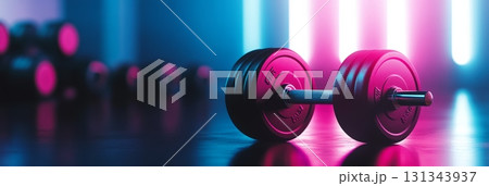 Black barbell with weights lying on gym floor reflecting neon pink and blue lights with other weights blurred in background 131343937