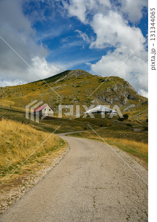 Scenic road winding through golden hills with mountains in the background under a clear blue sky. Ideal for travel, landscape, and nature projects Scenic road winding through golden hills with mountains in the background under a clear blue sky. Ideal for travel, landscape, and nature projects 131344065