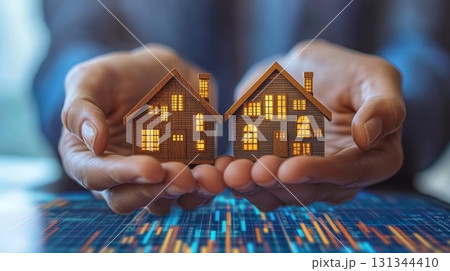 Businessman holds two lit miniature houses, symbolizing real estate investment and protection amid stock market data, showing financial security and property value Businessman holds two lit miniature houses, symbolizing real estate investment and protection amid stock market data, showing financial security and property value 131344410