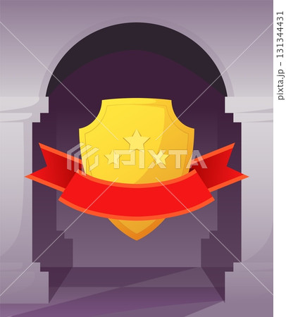 Winner prize. Golden shield and red empty ribbon for name. Gold stars for premium victory celebration. Championship game achievement goal or trophy. Vector cartoon isolated illustration Winner prize. Golden shield and red empty ribbon for name. Gold stars for premium victory celebration. Championship game achievement goal or trophy. Vector cartoon isolated illustration 131344431