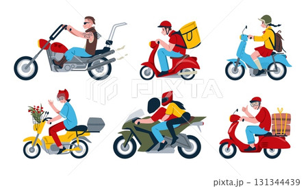 Motorcycle rider. People drive motorbikes. Courier riding scooter. Woman and man in helmets on bikes. Vehicle side view. Transport delivery. Speed race. Vector motor biker persons set 131344439
