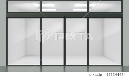 Glass door. Office window front view. Shop building storefront transparent frame. 3D doorframe. Mall facade. Empty boutique. Realistic metal entrance. Vector architecture exterior mockup 131344454