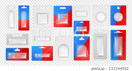Blister mockup. Plastic box pack. Square hang case or white clamshell. 3D cardboard container for product. Individual holder with transparent display. Clear package. Vector objects set 131344502