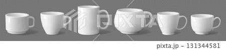 Coffee cup. White mug mock up, 3d ceramic classic tea drink with shadow or blank empty object side view. Hot cafe teacup. Clean porcelain utensil with shadows. Vector isolated template Coffee cup. White mug mock up, 3d ceramic classic tea drink with shadow or blank empty object side view. Hot cafe teacup. Clean porcelain utensil with shadows. Vector isolated template 131344581