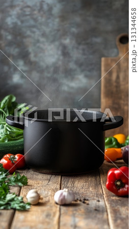 Steaming black pot resting on a rustic wooden table, surrounded by an array of vibrant fresh vegetables, crafting a warm and inviting culinary atmosphere perfect for meal preparation 131344658
