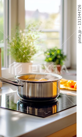 Stainless steel pot simmering food on a modern induction stovetop in a sunlit kitchen, steam rising, creating a warm and inviting culinary scene 131344726