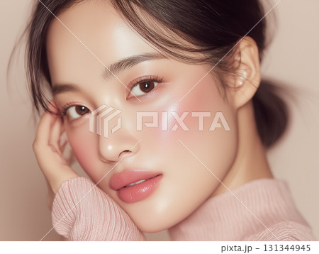 美しい女性のクローズアップ・ツヤ肌とピンクメイクのポートレート 美しい女性のクローズアップ・ツヤ肌とピンクメイクのポートレート 131344945