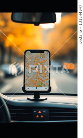 Smartphone displaying navigation app is mounted on car dashboard, providing real time directions and guidance for driver during evening commute Smartphone displaying navigation app is mounted on car dashboard, providing real time directions and guidance for driver during evening commute 131344947