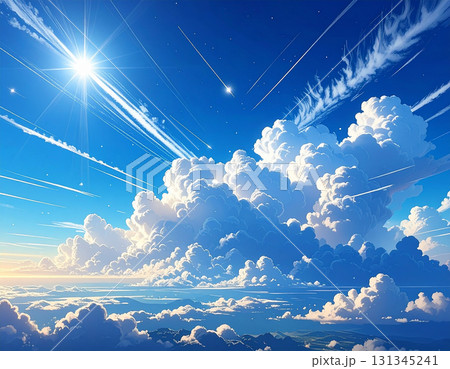 光芒と航跡が壮大な雲海の上を駆け抜ける青空 131345241