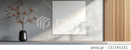 Sunlight illuminating a minimalist interior with a blank frame mockup, a decorative vase, and a wooden wall, creating a serene and stylish atmosphere Sunlight illuminating a minimalist interior with a blank frame mockup, a decorative vase, and a wooden wall, creating a serene and stylish atmosphere 131345281