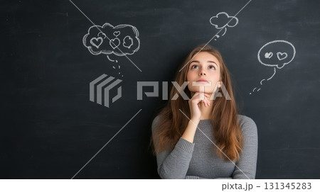 Young student pondering love and relationships, surrounded by speech and thought bubbles filled with hearts, sketched on the chalkboard behind her, reflecting her inner dilemmas Young student pondering love and relationships, surrounded by speech and thought bubbles filled with hearts, sketched on the chalkboard behind her, reflecting her inner dilemmas 131345283