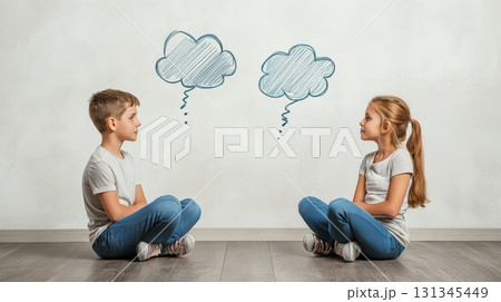 Boy and girl sitting on the floor facing each other with thought and speech bubbles above them, symbolizing communication, questioning, and sharing ideas Boy and girl sitting on the floor facing each other with thought and speech bubbles above them, symbolizing communication, questioning, and sharing ideas 131345449