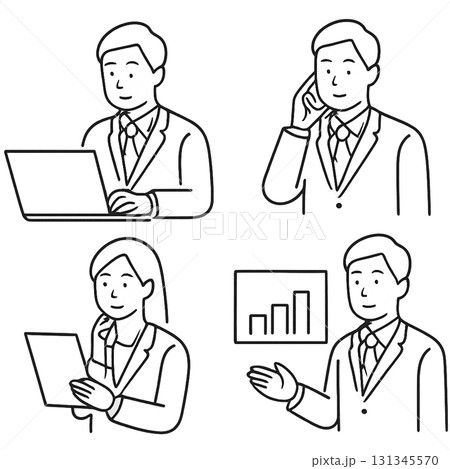 ビジネス人物の基本動作線画アイコン4種セット（PC作業・電話・書類チェック・プレゼン） 131345570
