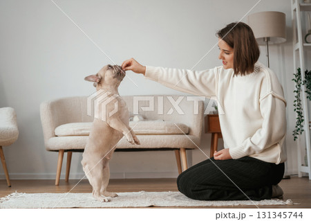 Playing together. Young woman is with her pug dog at home 131345744