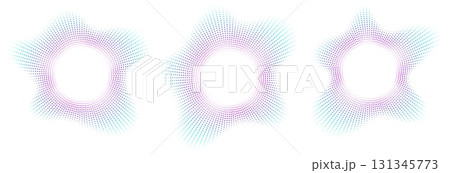 Sound equalizer icons with lines and dots, gradient neon circular sound wave frames, abstract radial music icons. 131345773