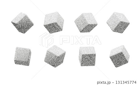 Abstract cubes with photocopy grain texture. Vintage halftone stipple effect in 3D geometric shapes. Minimal black and white vector design for poster, background, and decoration 131345774
