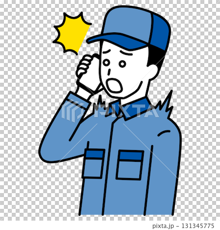 A man in overalls is surprised by a call on his smartphone 131345775