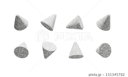 Abstract cones with photocopy grain texture. Vintage halftone stipple effect in 3D geometric forms. Minimal black and white vector design for poster, background, and decoration Abstract cones with photocopy grain texture. Vintage halftone stipple effect in 3D geometric forms. Minimal black and white vector design for poster, background, and decoration 131345782