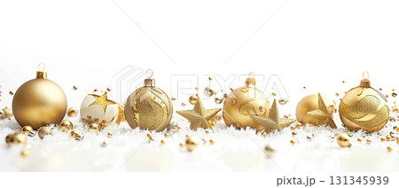 Gold and white Christmas ornaments with scattered bells and stars Gold and white Christmas ornaments with scattered bells and stars 131345939