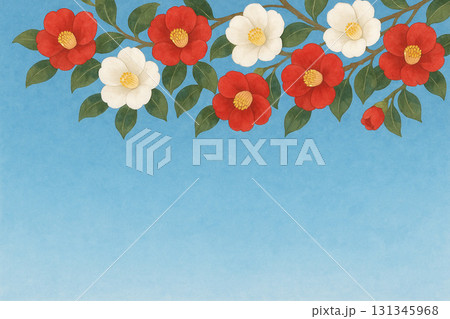 椿の花シリーズ：青空と椿の枝のトップ型背景 131345968
