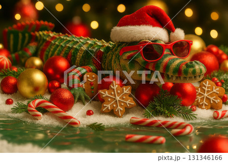 Crocodile wearing Santa hat and red sunglasses surrounded by Christmas ornaments, candy canes, gingerbread cookies, and fir branches on snow. Christmas and winter holiday celebration concept. 131346166