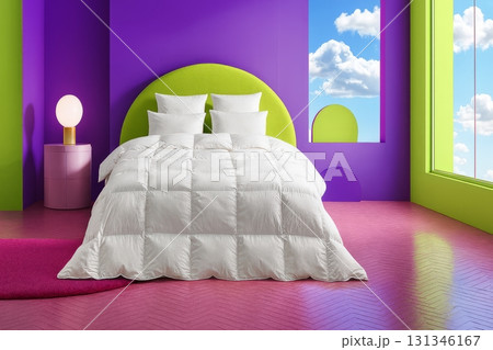 White bed with pillows and blanket in modern colorful bedroom interior with lamp and window showing sky. Studio interior photography. Home decor and lifestyle concept. Design for poster,  131346167