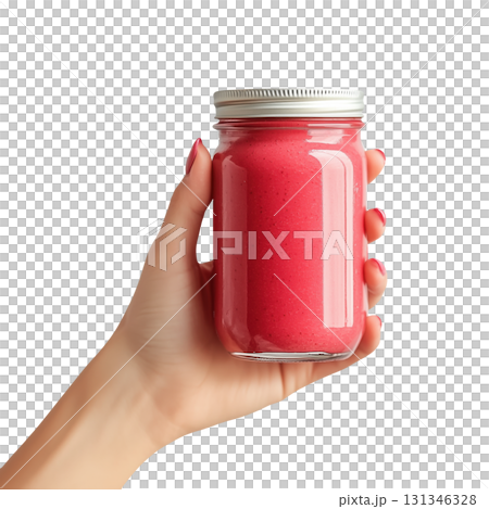 Hand holding a jar of strawberry smoothie, isolated on a transparent background. 131346328