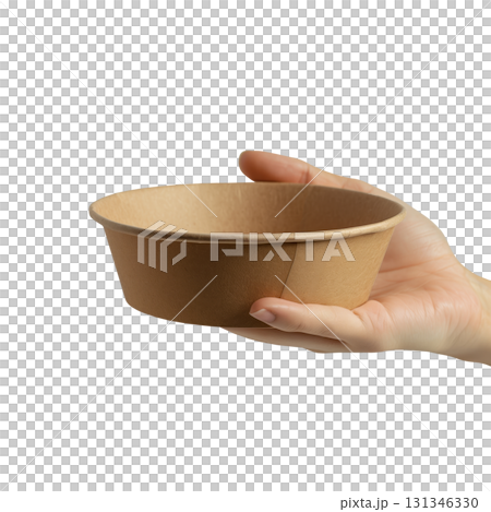 Hand holding a mockup empty brown takeaway paper bowl, isolated on a transparent background. Hand holding a mockup empty brown takeaway paper bowl, isolated on a transparent background. 131346330